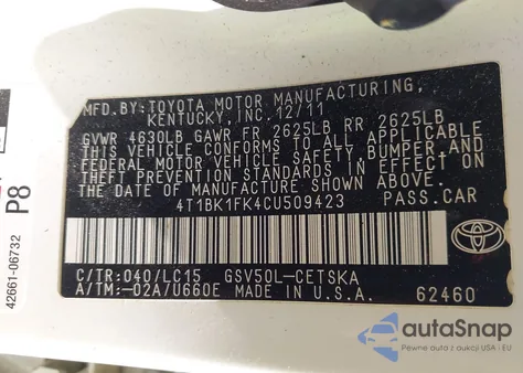 2012 Toyota Camry Se V6 from USA, damaged, VIN 4T1BK1FK4CU509423